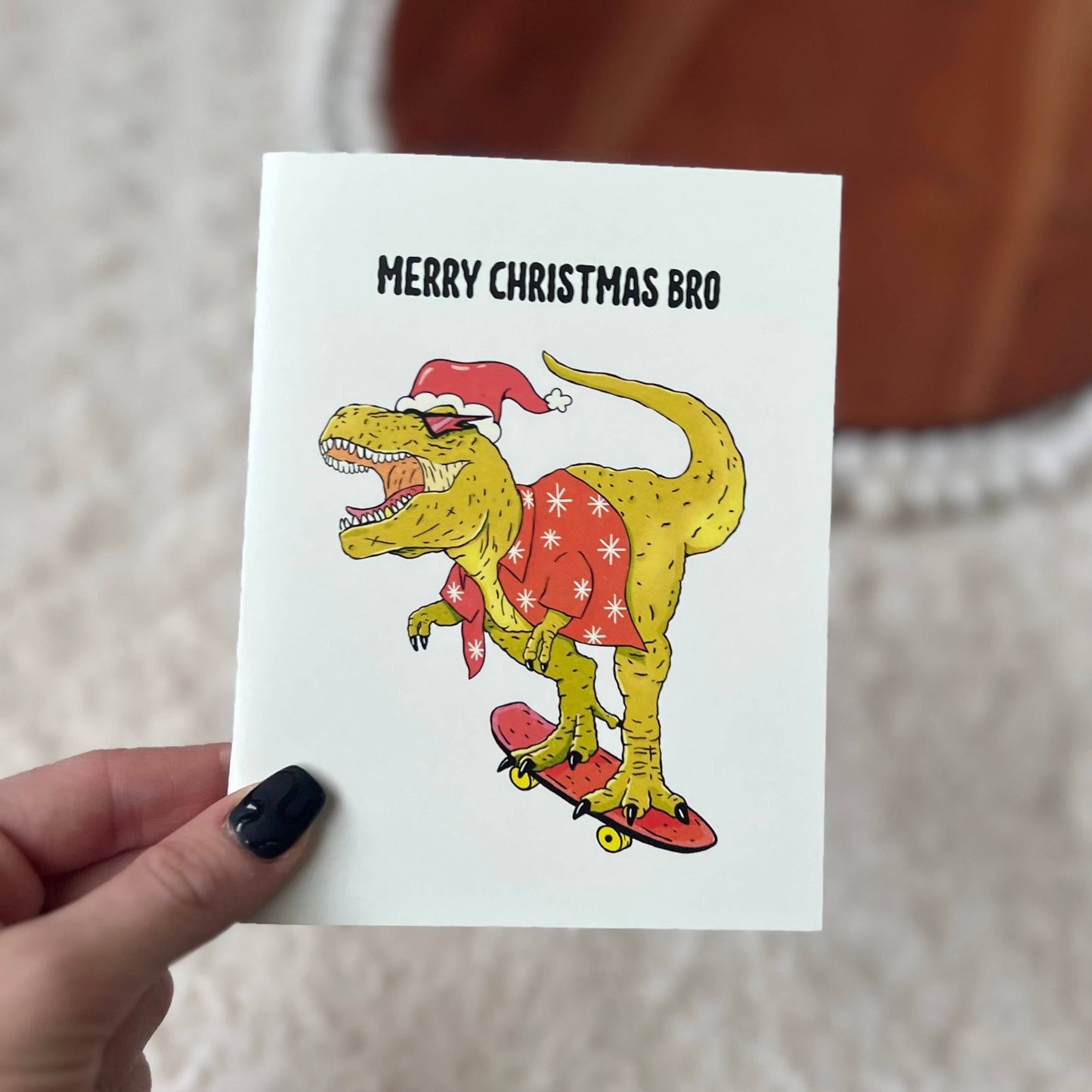 "Merry Christmas Bro" Dinosaur Santa Holiday Card