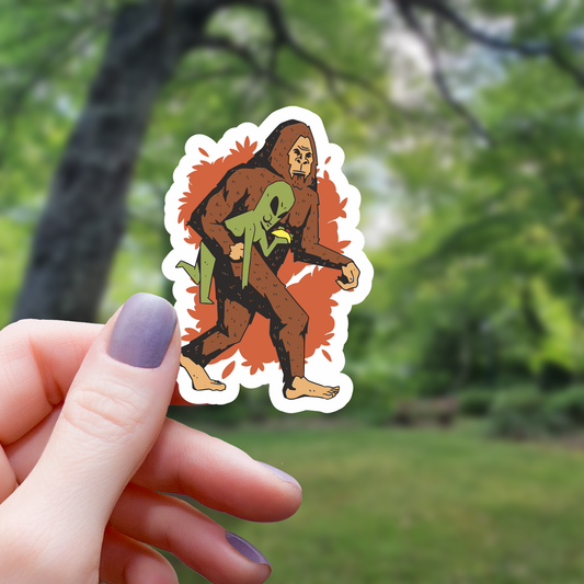 Yeti Kidnapping Alien Funny Sticker - 3"