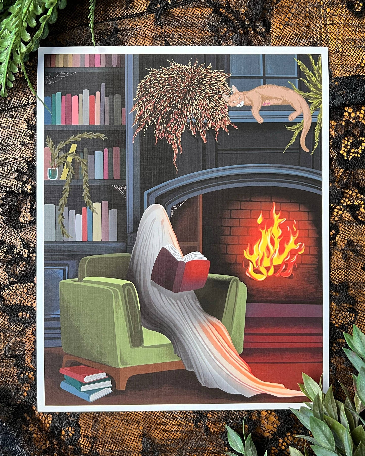 Cozy Ghosty Library Art Print 
