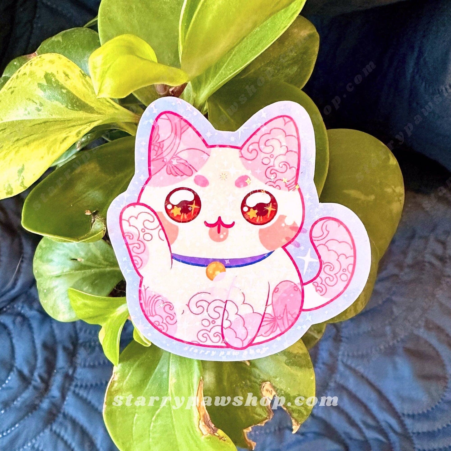 Lucky Cat Porcelain Sticker 3" Sparkly Holo water resistant