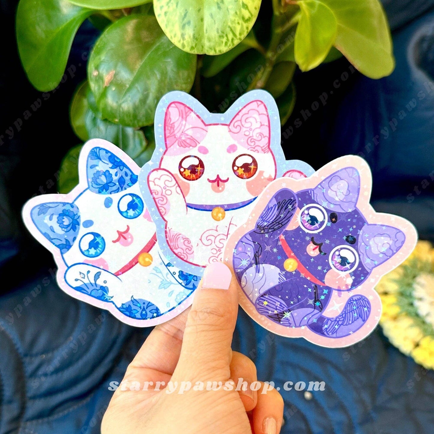 Lucky Cat Porcelain Sticker 3" Sparkly Holo water resistant