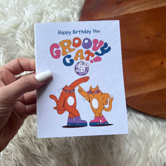 "Happy birthday you groovy cat" birthday card