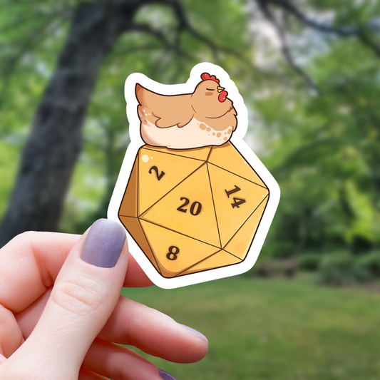 Kawaii Chicken Sitting On D20 Dice Sticker - 3"