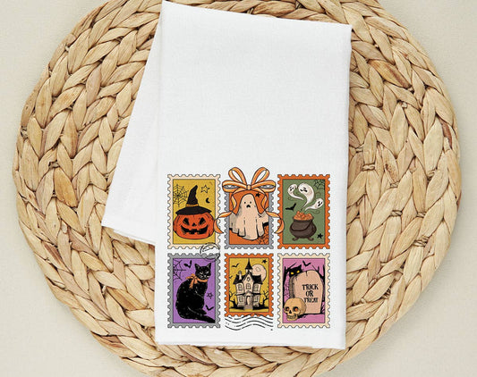 Halloween Stamps Retro Pumpkin - Halloween Tea Towel