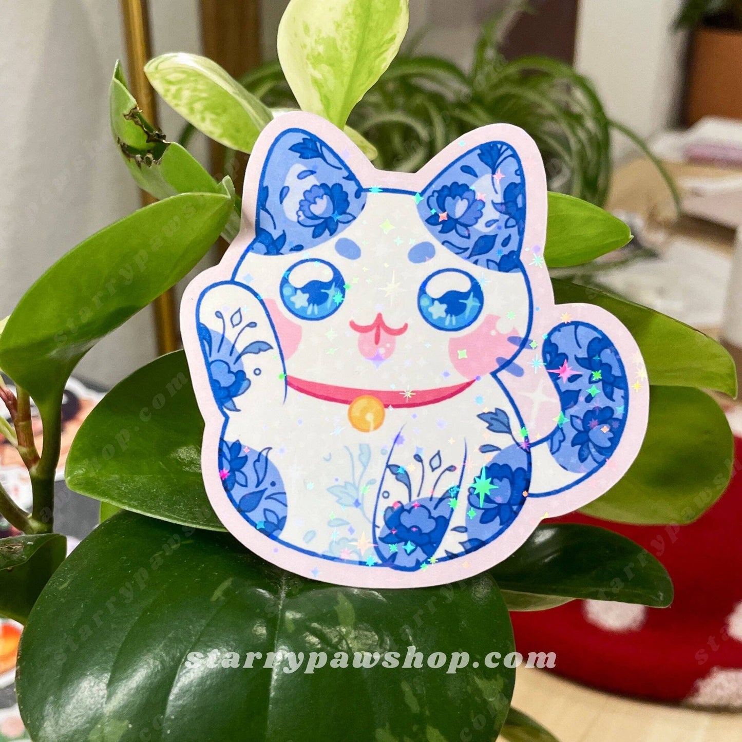 Lucky Cat Porcelain Sticker 3" Sparkly Holo water resistant