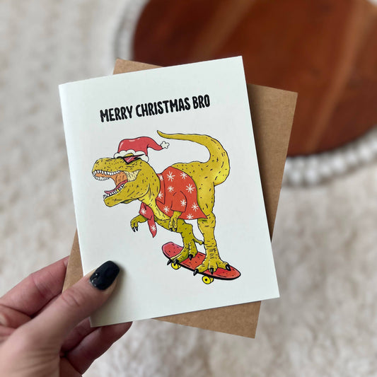 "Merry Christmas Bro" Dinosaur Santa Holiday Card