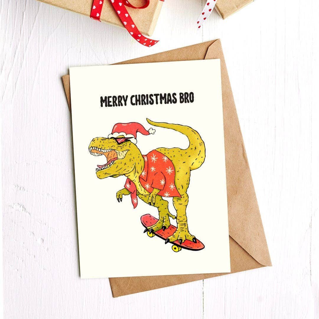 "Merry Christmas Bro" Dinosaur Santa Holiday Card