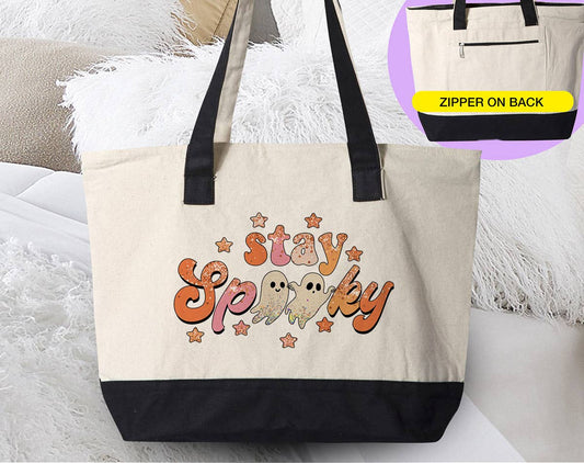 Stay Spooky -  Cute Ghost Halloween Canvas Zipper Tote Bag