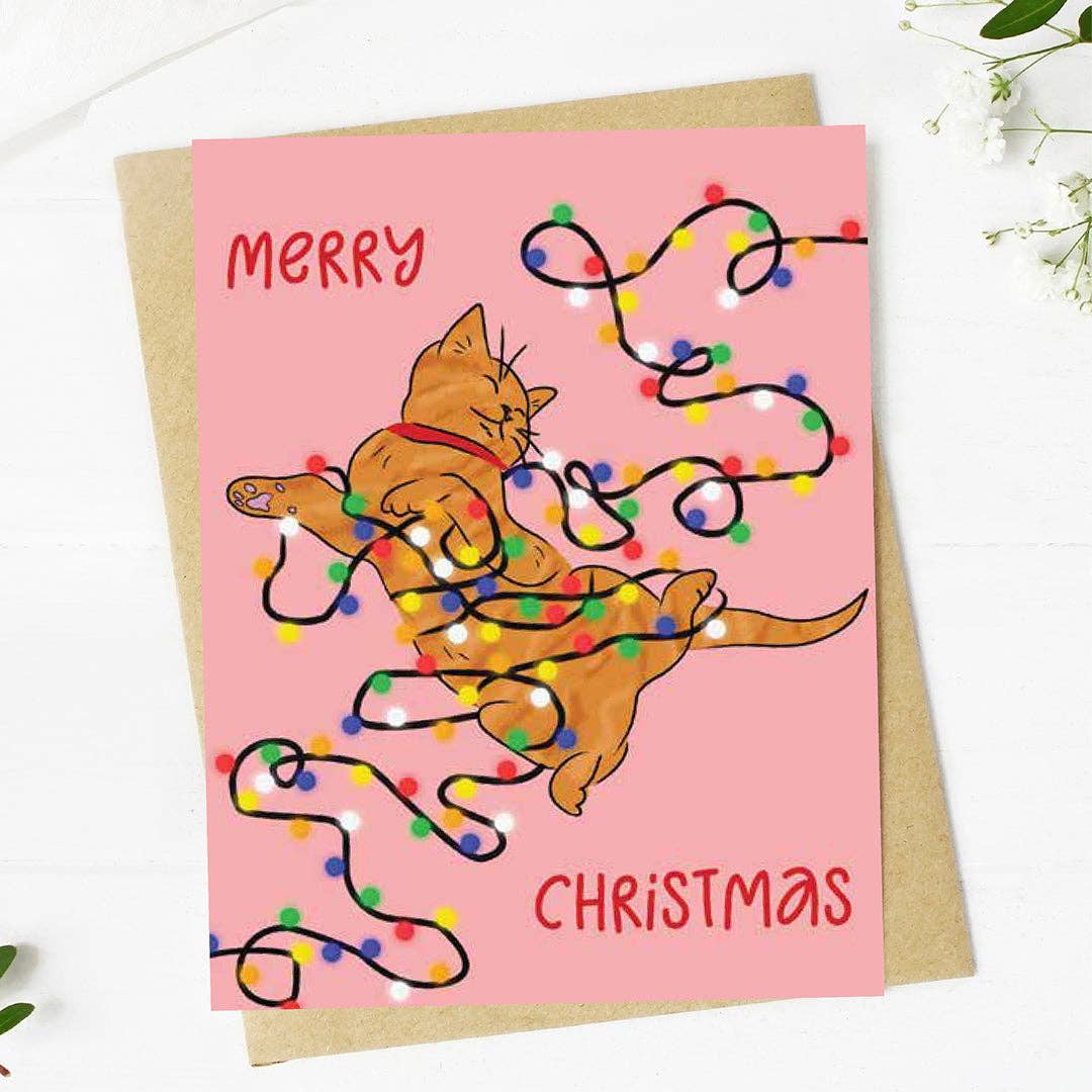Cat In Holiday Lights Christmas Card - Pink