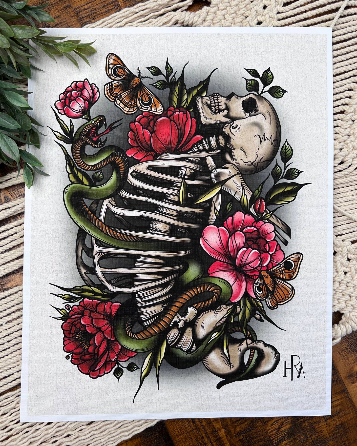 Skeleton Snake Macabre Floral Art Print