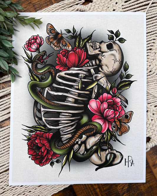Skeleton Snake Macabre Floral Art Print