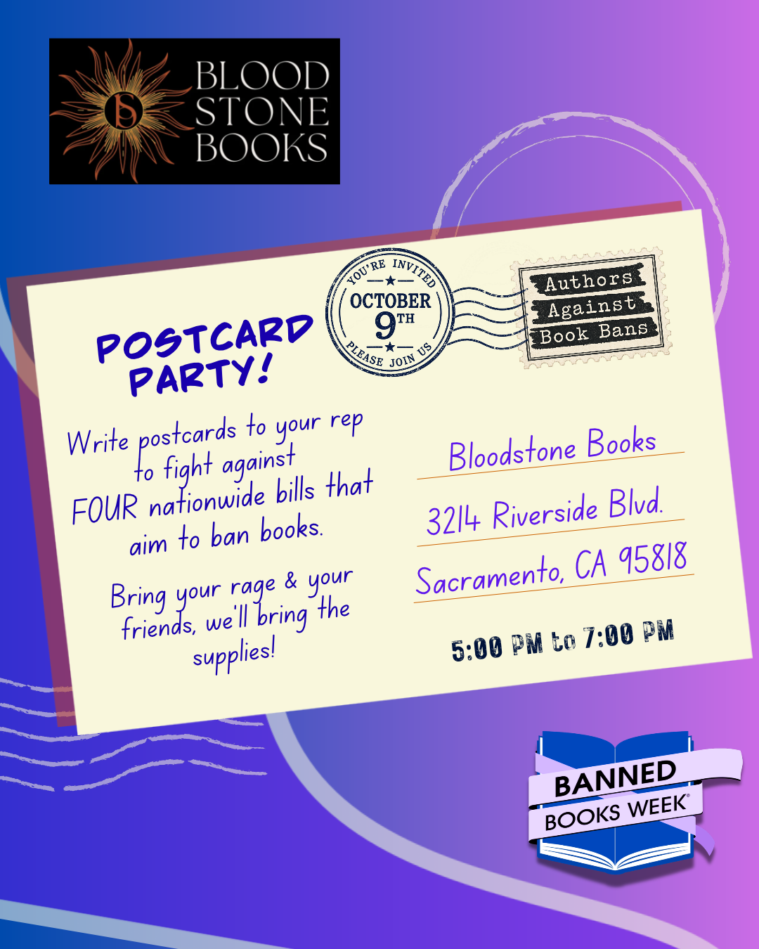 10/09 Postcard Party Authors Against Book Bans Free RSVP