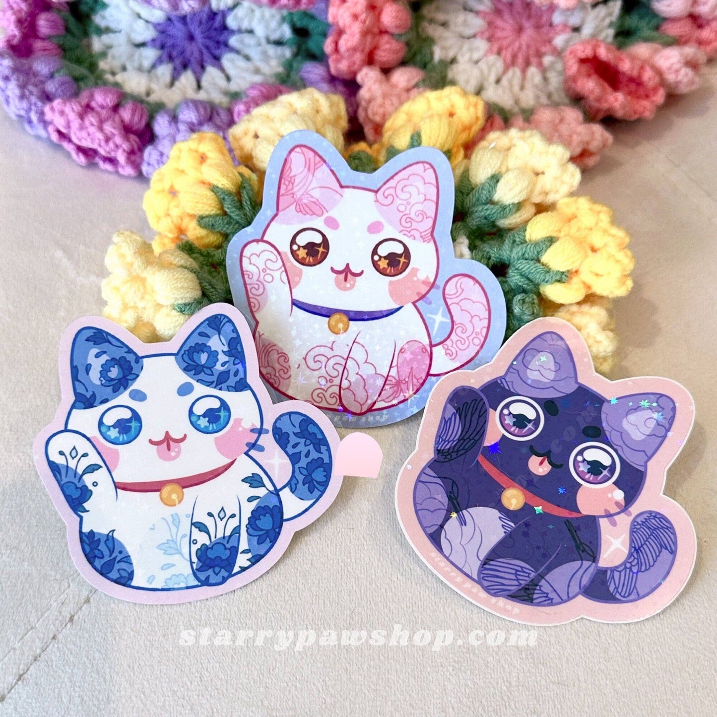 Lucky Cat Porcelain Sticker 3" Sparkly Holo water resistant