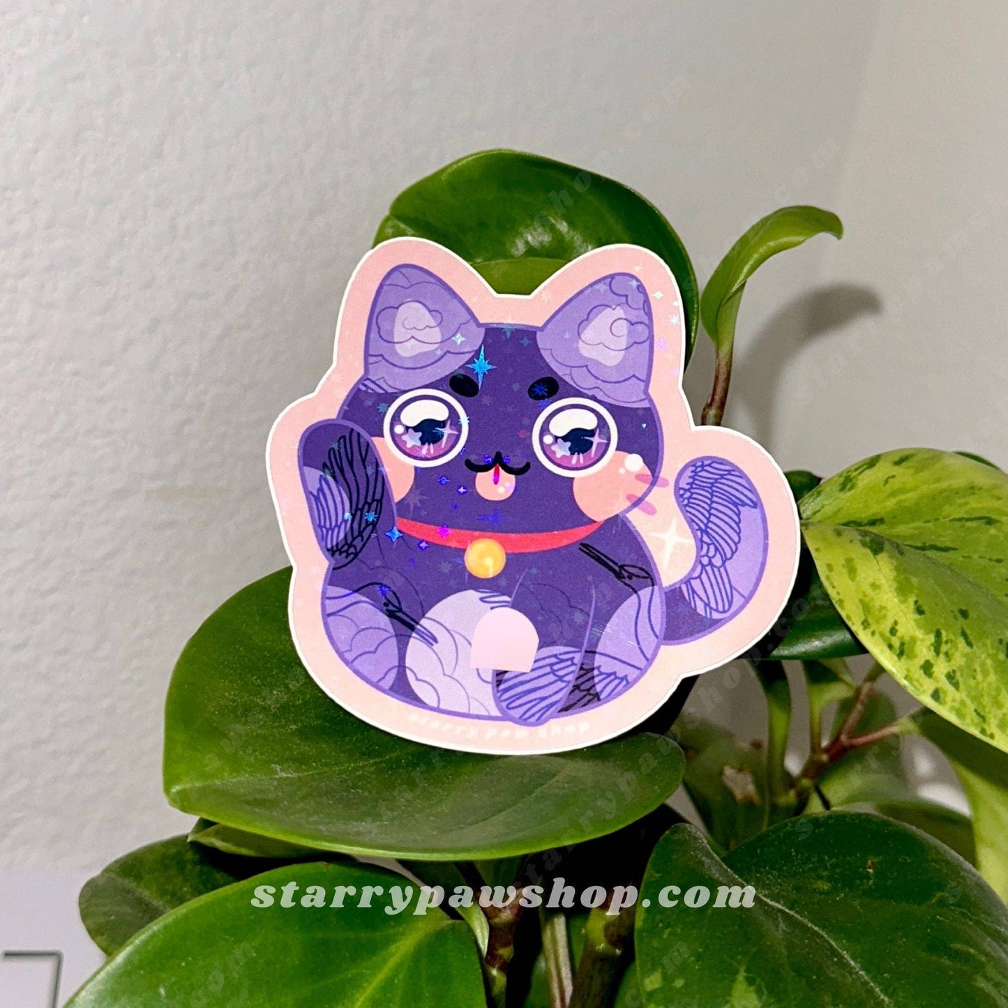 Lucky Cat Porcelain Sticker 3" Sparkly Holo water resistant
