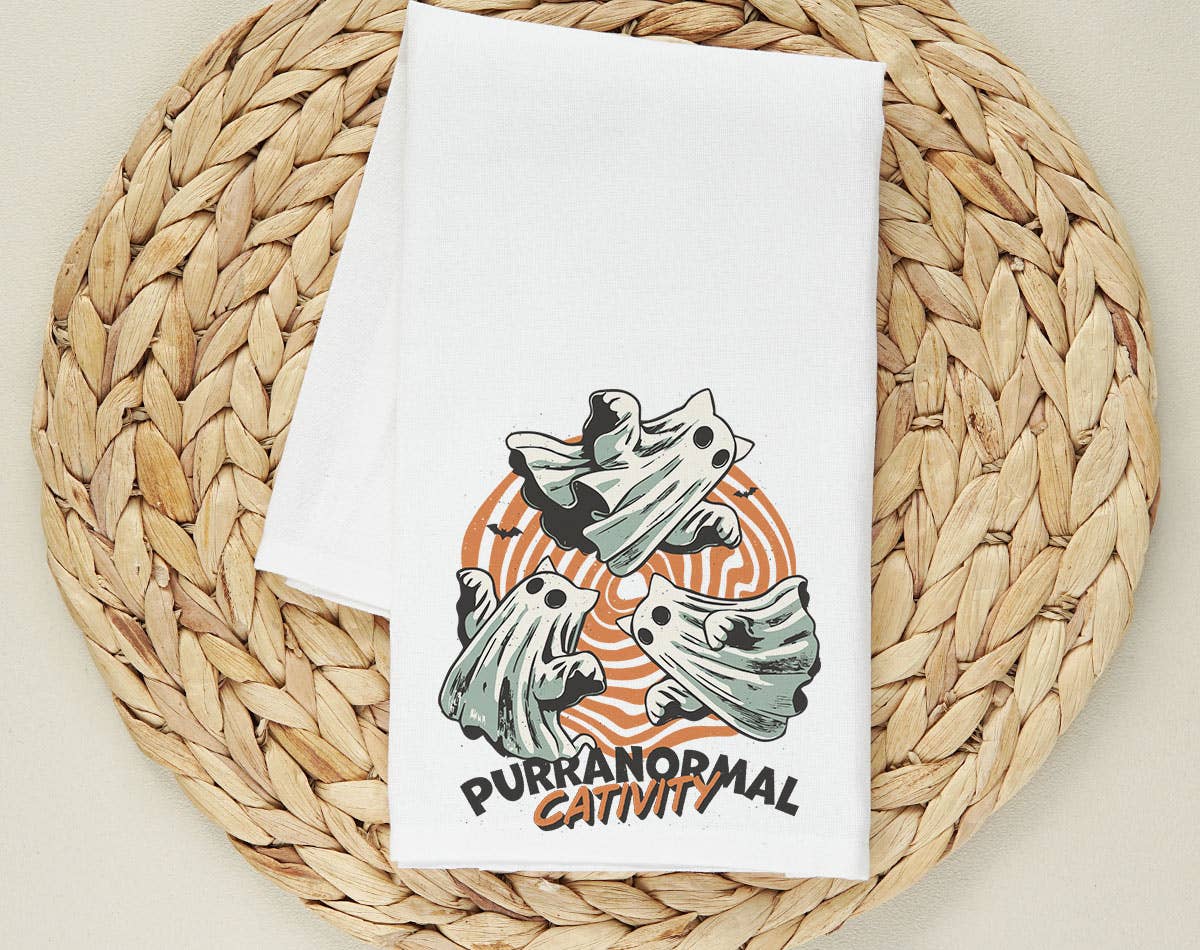 Purranormal Cativity -  Cat Ghost Halloween Tea Towel