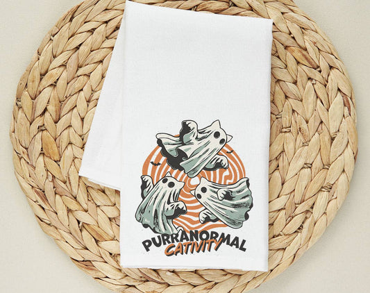 Purranormal Cativity -  Cat Ghost Halloween Tea Towel