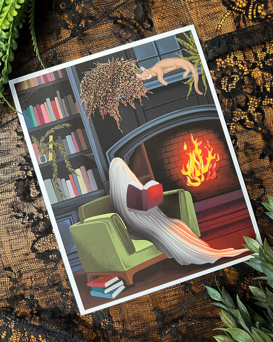 Cozy Ghosty Library Art Print 