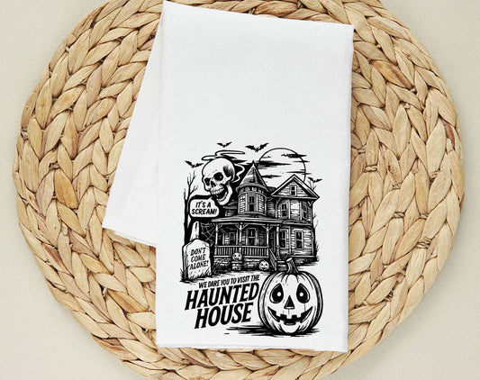 Haunted House We Dare You - Halloween Horror Tea Towel